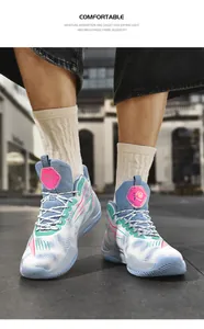 Close-up of stylish mid-top basketball shoes on feet in an urban street setting