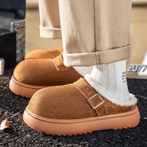 Premium mens thick-soled brown suede Birkenstock-style clogs with warm fleece lining