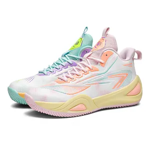 Vibrant color-block mid-top basketball shoes with thick soles for men and women