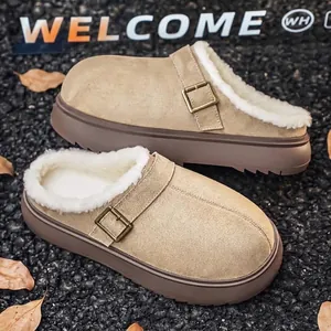 Men's warm fleece-lined platform mules in beige suede with buckle detail