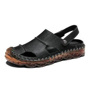 Sandalias transpirables de cuero negro con suela cosida a mano para playa y exterior