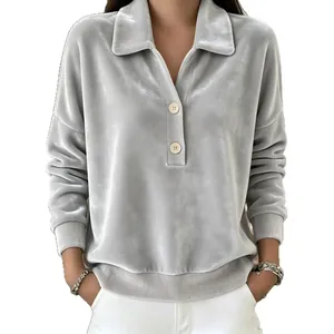 Women's loose casual grey velvet shirt with lapel and half-placket buttons