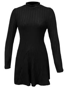 Close-up of a black long-sleeve ribbed knit dress with a chic mock neck design