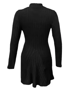 Back view of a black ribbed knit long sleeve dress with a slim fit A-line silhouette.