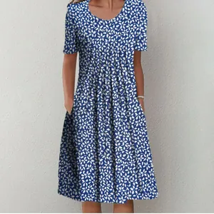 Detail of blue floral print dress featuring a pleated round neck and side pockets