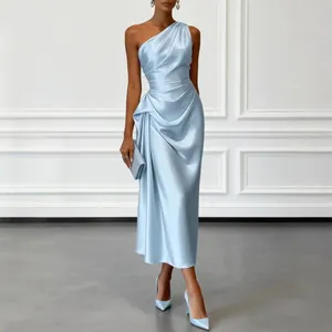 Elegant light blue one-shoulder satin ruched evening midi dress with sophisticated drapes