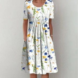 Elegant white short sleeve floral print dress with round neck and pockets for women