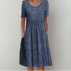 Detailed view of the elegant round neck blue printed flare dress with side pockets