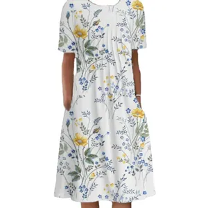 Elegant white plus size floral short sleeve dress with round neck and flare skirt style.
