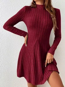 Detailed view of a burgundy slim fit mock neck ribbed A-line long sleeve dress model