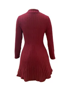 Detailed back view of a wine red ribbed long sleeve slim fit A-line dress with mock neck