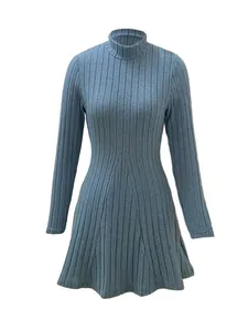 Detailed texture of blue ribbed long sleeve knit dress with mock neck and A-line hem
