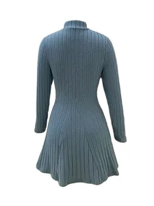 Detail view showing the back profile of a blue slim high-neck ribbed knit A-line dress