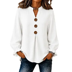 Elegant white V-neck long sleeve blouse with decorative buttons and ruffle cuffs