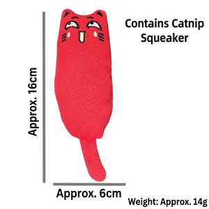Juguete de peluche rojo para gato con catnip y silbato, 16x6cm, juguete duradero