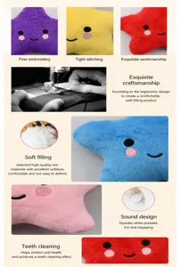 Detailed views of soft star-shaped plush dog toy with squeaker and fine embroidery