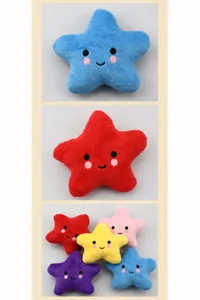 Detailed view of various colorful star-shaped plush squeaky toys for dogs and cats