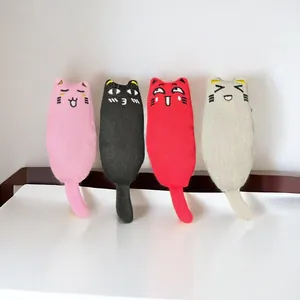 Close-up of four colorful catnip plush toys with cute embroidered expressions for cats
