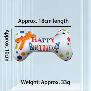 Plush bone pet toy with Happy Birthday print and polka dots, 18cm long