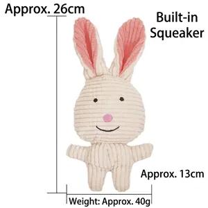 Detailed view of corduroy rabbit squeaky dog toy with 26cm height and 40g weight specs