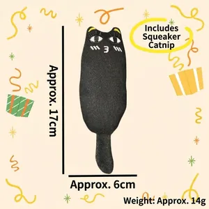 Black cat-shaped catnip toy with squeaker for pet interactive play and teeth grinding