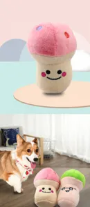 Plush mushroom squeaky dog toy featuring durable bite-resistant fabric in a cozy home setting