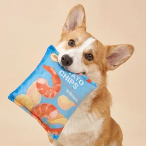 Close-up of a Corgi biting a blue plush shrimp potato chip bag crinkle toy for pets