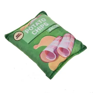 Detailed view of the plush bacon flavor potato chip bag squeaky toy for pets