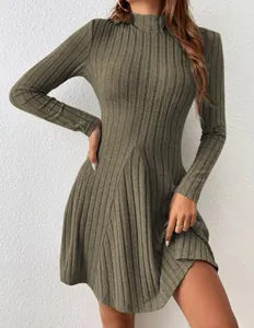 Close-up of ribbed texture on a mock neck slim-fit A-line dress for women