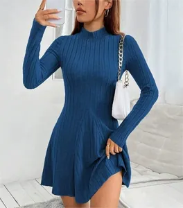 Detail of blue mock neck ribbed knit A-line dress showing fabric texture