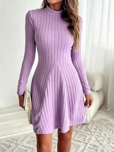 Detail of a lavender ribbed mock neck dress with a slim fit and A-line silhouette