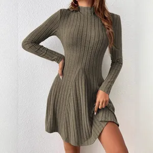 Elegant olive green mock neck ribbed long sleeve A-line dress for women, slim fit style.