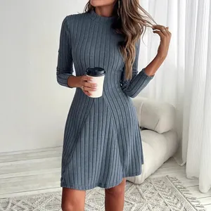 Elegant slim fit mock neck A-line ribbed long sleeve knit dress for autumn and winter