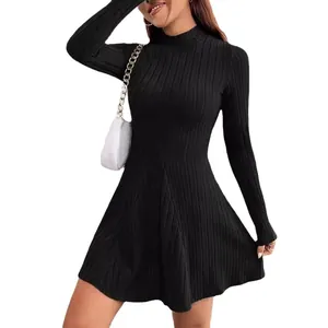 Elegant black mock neck rib-knit A-line long sleeve autumn winter dress for women.