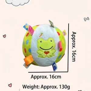 Soft plush pet toy ball with cute frog embroidery and internal bell, 16cm diameter