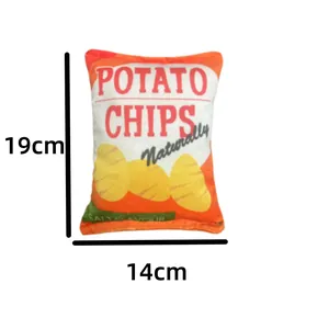 Potato chip bag shaped plush squeaky pet toy with dimensions 19cm height by 14cm width