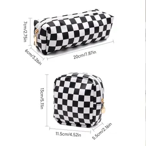 Two checkerboard PU cosmetic bags in different sizes with detailed dimension labels.