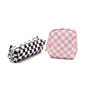 Portable PU checkerboard makeup storage bags for travel in black and pink colors