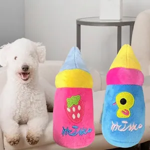 Squeaky plush baby bottle dog toys for puppy teething and interactive chewing fun.