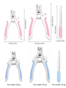 Abmessungen und Nettogewichtsspezifikationen für rosa und blaue Krallenscheren-Sets.