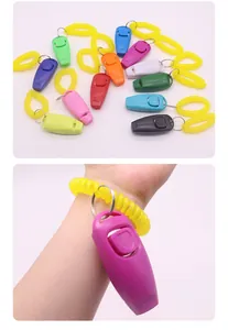 Detailed view of various colorful 2-in-1 pet training clickers with yellow spiral wristbands