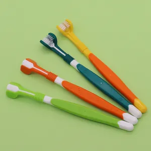 Three-Head Pet Toothbrush For Dogs And Cats Oral Cleaning Soft Bristles Long Handle Anti-Slip Tartar Removal Tool Plastic Nylon