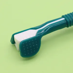 Close-up of green three-headed pet toothbrush for oral cleaning and dog teeth brushing.