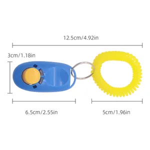 Pet dog training clicker with yellow wrist strap and dimensions 12.5cm by 4.92in total