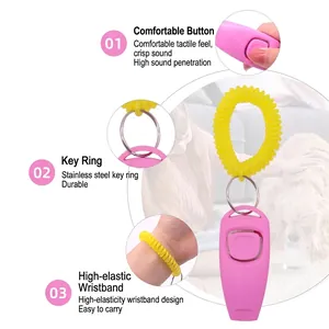 Professional pet training clicker in pink with yellow wrist coil and stainless keyring