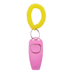 Pink pet training clicker with yellow coil wrist strap and silver keyring buckle