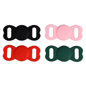 Detailed view of silicone tracker cases in four vibrant colors for pets