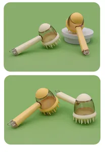 Detailed view of long handle pet bath brushes with soft silicone massage bristles.