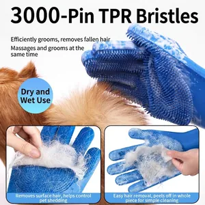 Guante azul de aseo con 3000 cerdas de TPR para el baño y la eliminación de pelo de gatos