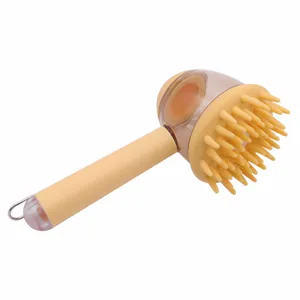 Long-handle pet bath brush with yellow silicone bristles and shampoo dispenser feature